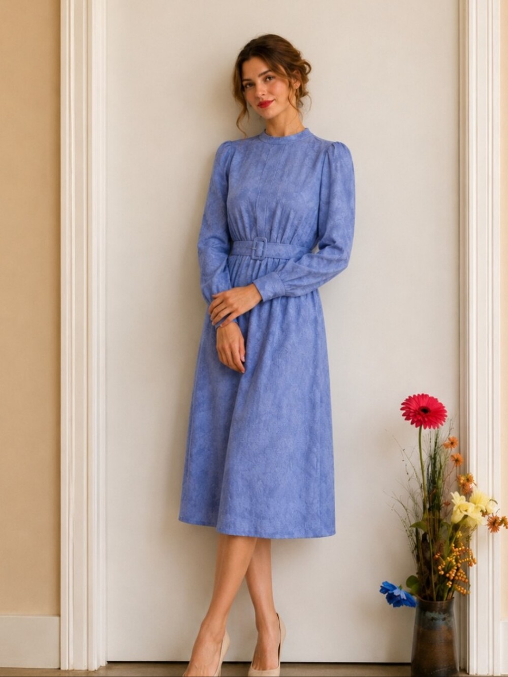 Vintage Periwinkle Blue 90's Silk Belted Dress with Cuffed Sleeves & Side Slit - Picture 9 of 12